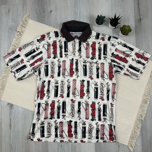 Vintage Slazenger Men's Golf Polo Size M Golf Clubs Print Grand Waikapu STAINS - Picture 1 of 8